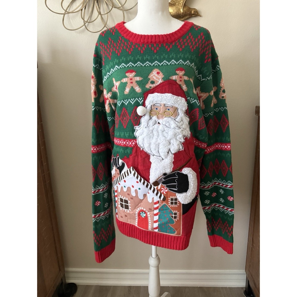Ugly Christmas Sweater Mens XL Santa Gingerbread House 3D Drink Pocket Holiday